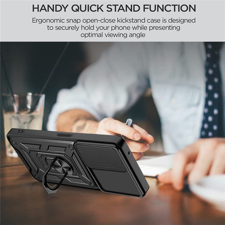 For Realme C31 Slide Camera Protection PC + TPU Ring Kickstand Case Anti-drop Phone Cover - Black