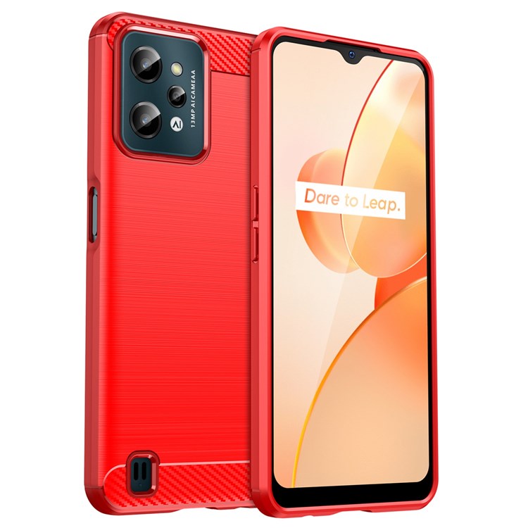 For Realme C31 Light Thin TPU Phone Case Carbon Fiber Texture Brushed Surface Anti-fall Cover - Red