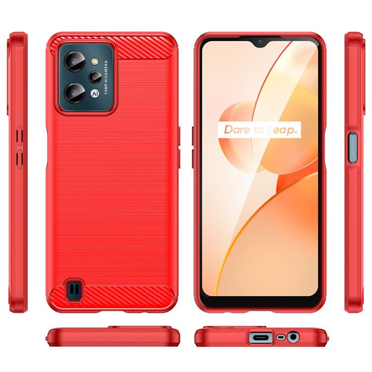 For Realme C31 Light Thin TPU Phone Case Carbon Fiber Texture Brushed Surface Anti-fall Cover - Red