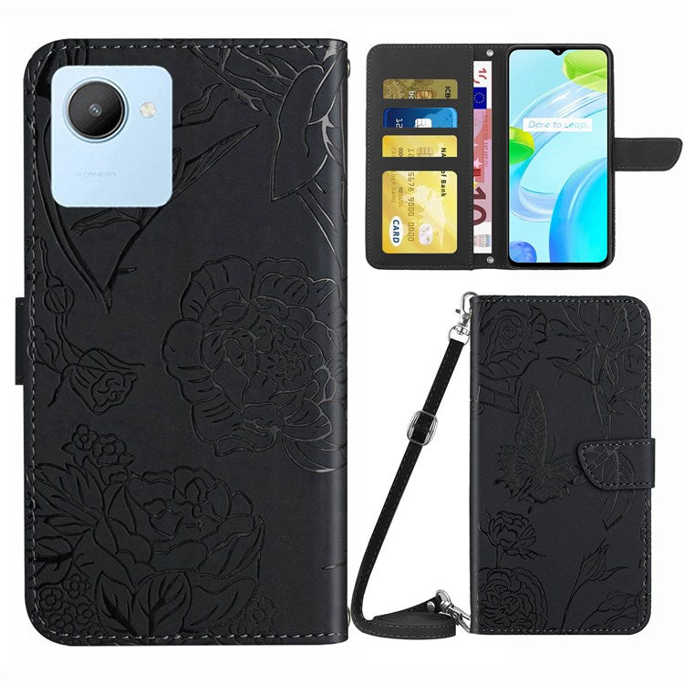 For Realme C30 4G / Narzo 50i Prime 4G Magnetic Closing Case Butterfly Flowers Imprinting Wallet Stand Design Skin-touch Feeling Phone Cover with Shoulder Strap - Black