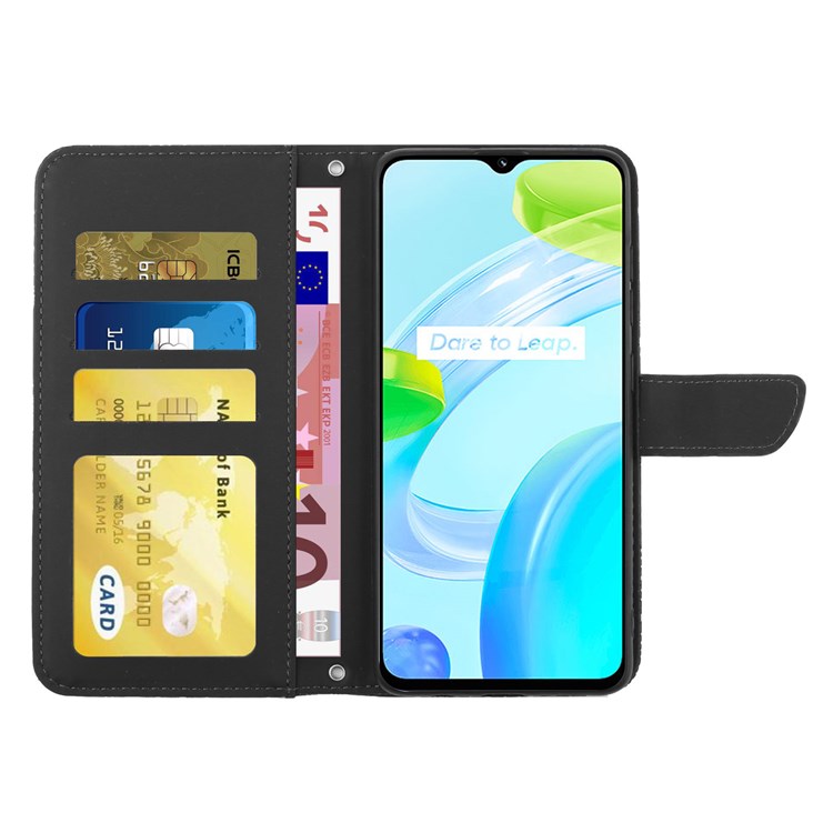For Realme C30 4G / Narzo 50i Prime 4G Magnetic Closing Case Butterfly Flowers Imprinting Wallet Stand Design Skin-touch Feeling Phone Cover with Shoulder Strap - Black