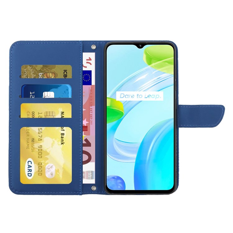 For Realme C30 4G / Narzo 50i Prime 4G Magnetic Closing Case Butterfly Flowers Imprinting Wallet Stand Design Skin-touch Feeling Phone Cover with Shoulder Strap - Blue