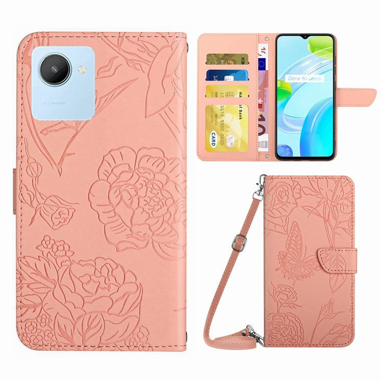 For Realme C30 4G / Narzo 50i Prime 4G Magnetic Closing Case Butterfly Flowers Imprinting Wallet Stand Design Skin-touch Feeling Phone Cover with Shoulder Strap - Pink