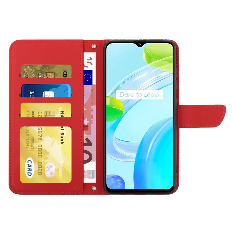 For Realme C30 4G / Narzo 50i Prime 4G Magnetic Closing Case Butterfly Flowers Imprinting Wallet Stand Design Skin-touch Feeling Phone Cover with Shoulder Strap - Red