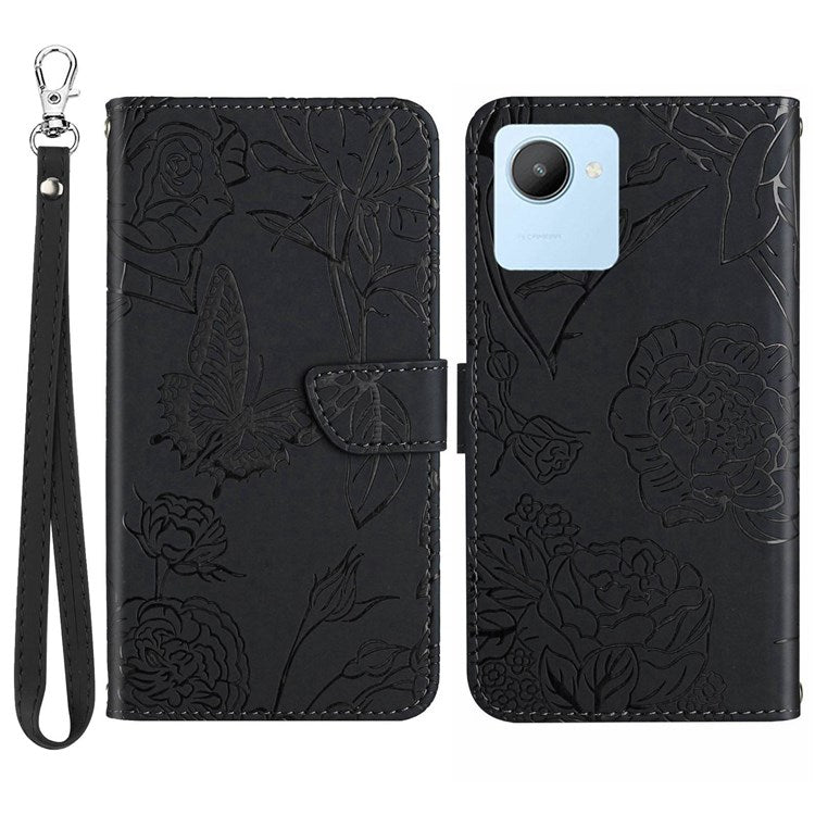 For Realme C30 4G / Narzo 50i Prime 4G Butterfly Flowers Imprinting Case PU Leather Phone Wallet Stand Folio Flip Cover with Handy Strap - Black