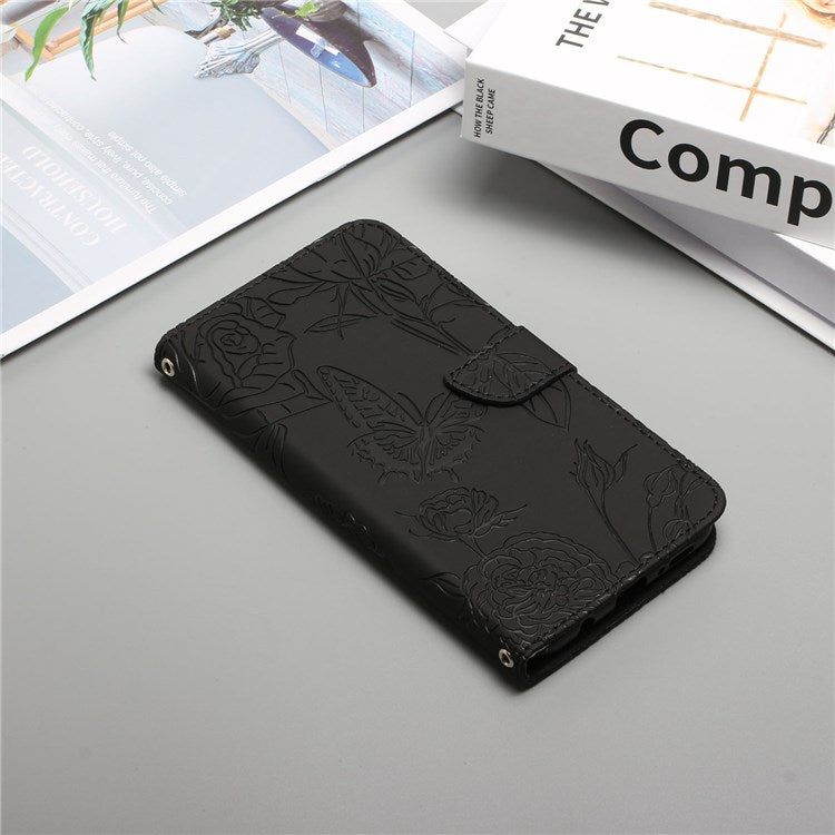 For Realme C30 4G / Narzo 50i Prime 4G Butterfly Flowers Imprinting Case PU Leather Phone Wallet Stand Folio Flip Cover with Handy Strap - Black
