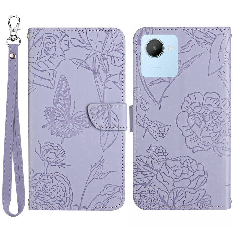 For Realme C30 4G / Narzo 50i Prime 4G Butterfly Flowers Imprinting Case PU Leather Phone Wallet Stand Folio Flip Cover with Handy Strap - Light Purple