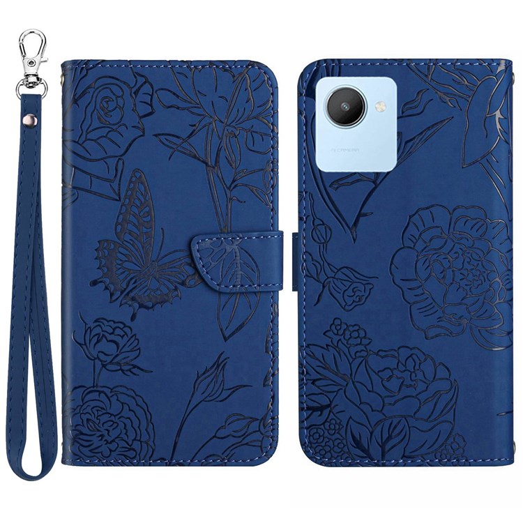 For Realme C30 4G / Narzo 50i Prime 4G Butterfly Flowers Imprinting Case PU Leather Phone Wallet Stand Folio Flip Cover with Handy Strap - Blue