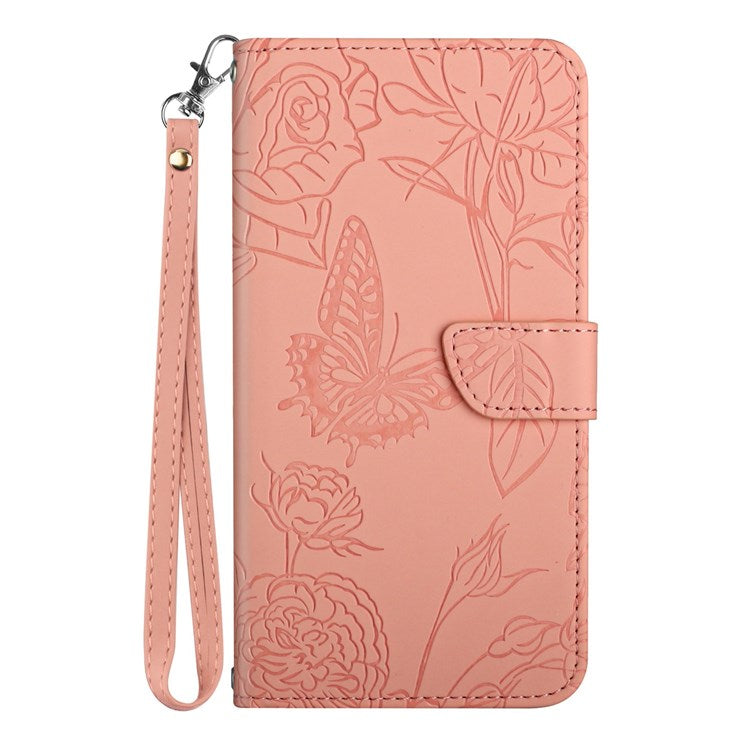 For Realme C30 4G / Narzo 50i Prime 4G Butterfly Flowers Imprinting Case PU Leather Phone Wallet Stand Folio Flip Cover with Handy Strap - Pink