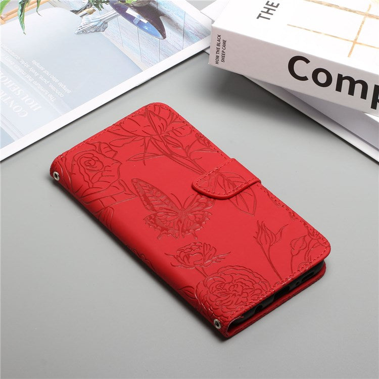 For Realme C30 4G / Narzo 50i Prime 4G Butterfly Flowers Imprinting Case PU Leather Phone Wallet Stand Folio Flip Cover with Handy Strap - Red