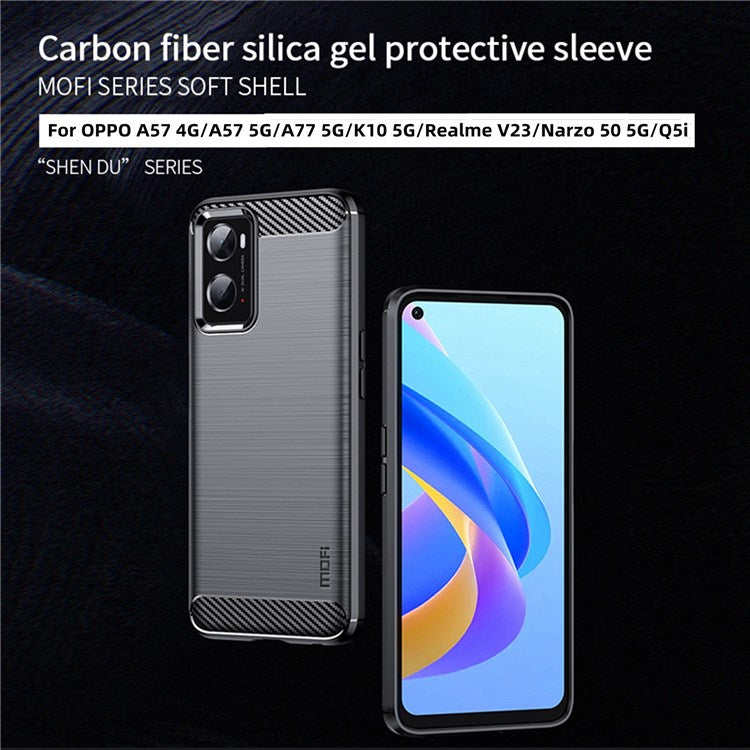 MOFI for Oppo A57 4G / A57s 4G / A57 (2022) 5G / A77 5G / K10 5G / Realme V23 4G / Narzo 50 5G / Q5i Ultra-slim Carbon Fiber Texture Soft TPU Back Cover Brushed Surface Anti-oil Phone Case - Red