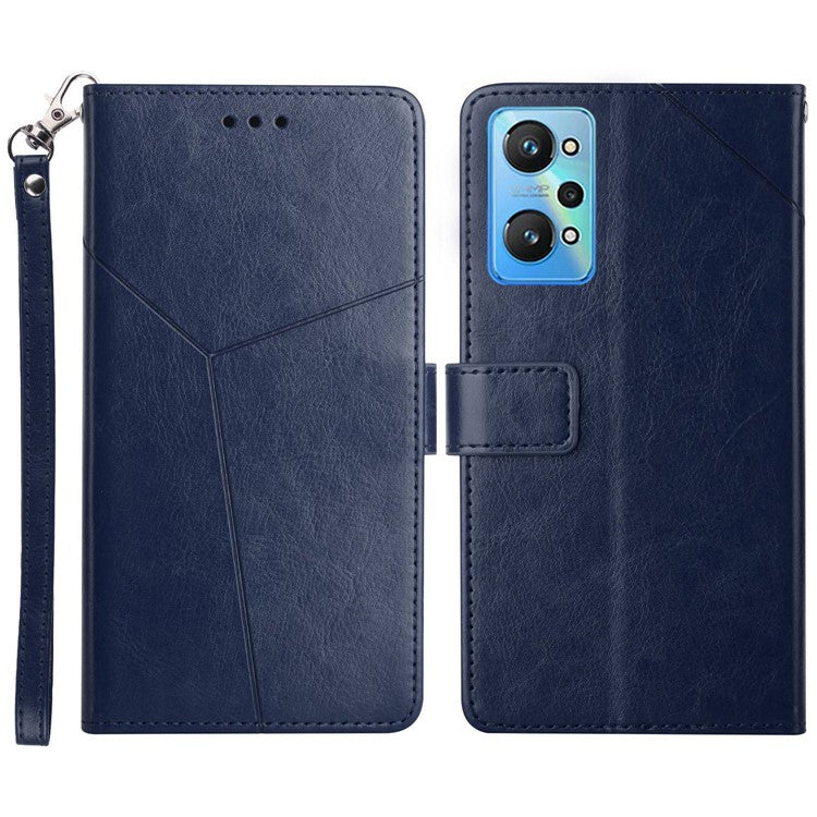 For Realme GT Neo2 5G HT01 Imprinted Y-Shaped Lines Phone Case Anti-Fall PU Leather Stand Wallet Feature Shell with Strap - Blue