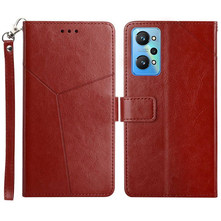 For Realme GT Neo2 5G HT01 Imprinted Y-Shaped Lines Phone Case Anti-Fall PU Leather Stand Wallet Feature Shell with Strap - Brown