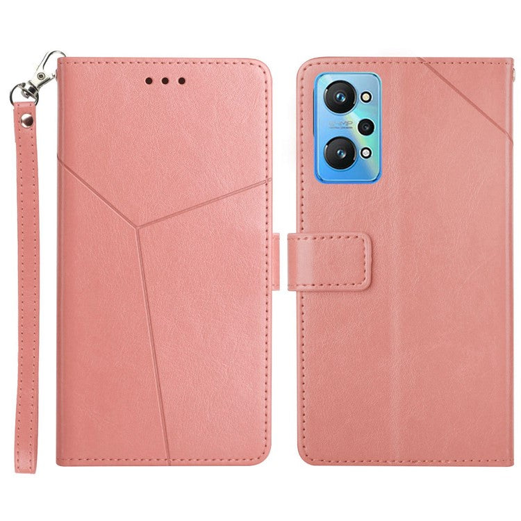For Realme GT Neo2 5G HT01 Imprinted Y-Shaped Lines Phone Case Anti-Fall PU Leather Stand Wallet Feature Shell with Strap - Pink