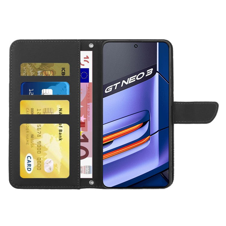 HT03 Mobile Phone Case for Realme GT Neo 3 5G, Skin-touch PU Leather Butterfly Flowers Imprinting Wallet Phone Cover Stand with Shoulder Strap - Black