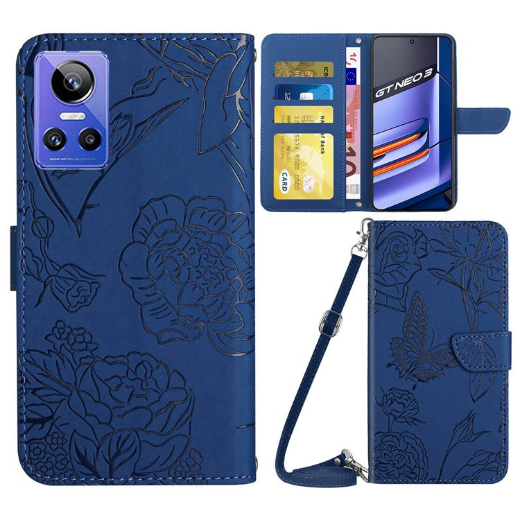 HT03 Mobile Phone Case for Realme GT Neo 3 5G, Skin-touch PU Leather Butterfly Flowers Imprinting Wallet Phone Cover Stand with Shoulder Strap - Blue