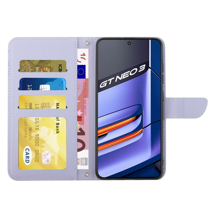 HT03 Mobile Phone Case for Realme GT Neo 3 5G, Skin-touch PU Leather Butterfly Flowers Imprinting Wallet Phone Cover Stand with Shoulder Strap - Light Purple