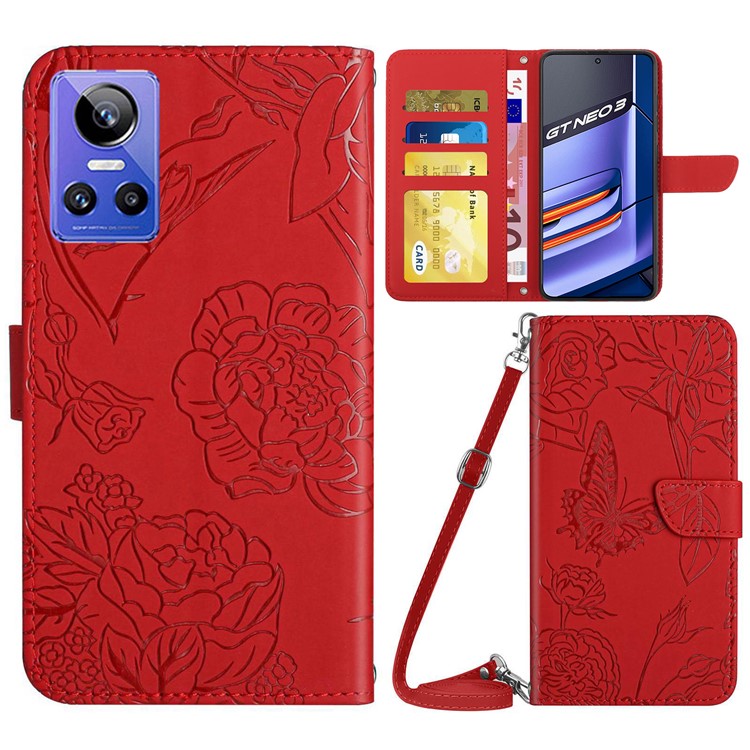 HT03 Mobile Phone Case for Realme GT Neo 3 5G, Skin-touch PU Leather Butterfly Flowers Imprinting Wallet Phone Cover Stand with Shoulder Strap - Red