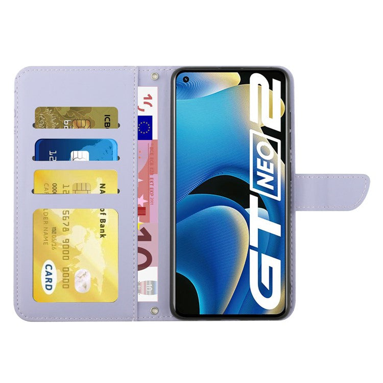 HT03 Shockproof Phone Case for Realme GT Neo2 5G / GT Neo 3T 5G, Skin-touch PU Leather Butterfly Flowers Imprinting Wallet Phone Cover Stand with Shoulder Strap - Light Purple