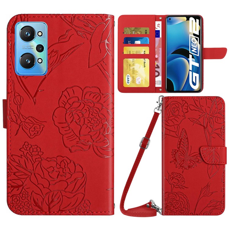 HT03 Shockproof Phone Case for Realme GT Neo2 5G / GT Neo 3T 5G, Skin-touch PU Leather Butterfly Flowers Imprinting Wallet Phone Cover Stand with Shoulder Strap - Red