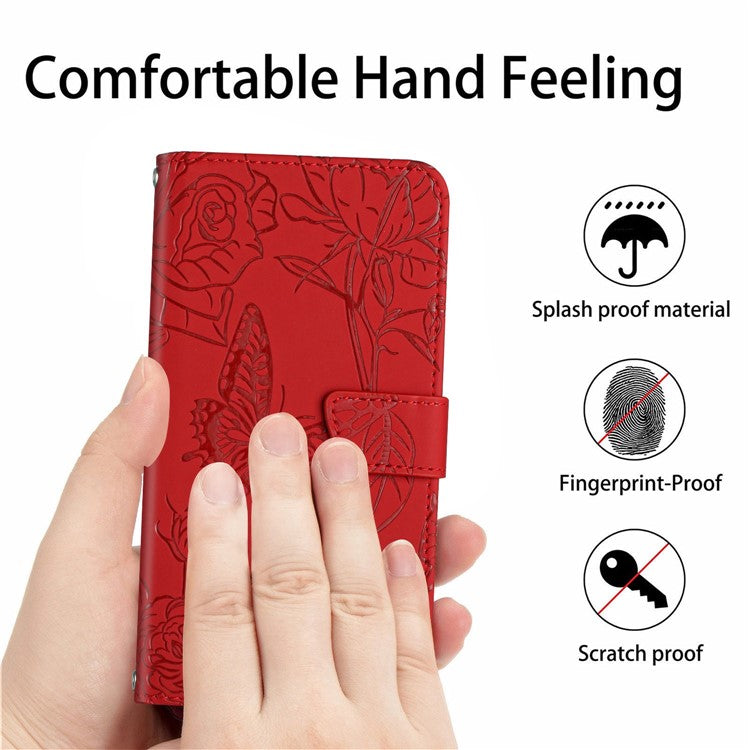 For vivo X80 Lite 5G / V25 5G HT03 Imprinted Butterfly Flowers Wallet Case Skin-touch PU Leather Magnetic Closure Flip Stand Cover with Strap - Red