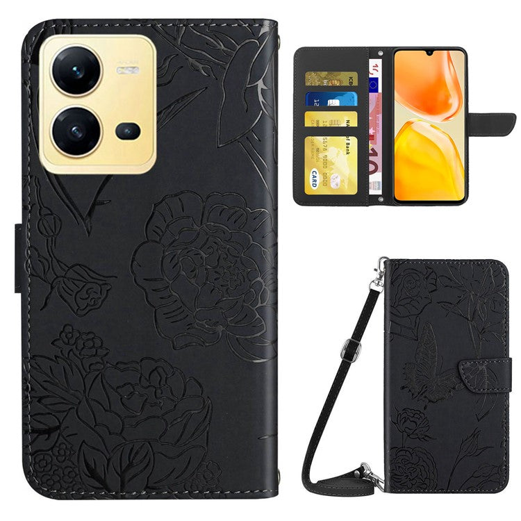 For vivo X80 Lite 5G / V25 5G HT03 Imprinted Butterfly Flowers Wallet Phone Case Skin-Touch PU Leather Shockproof Stand Flip Cover with Shoulder Strap - Black