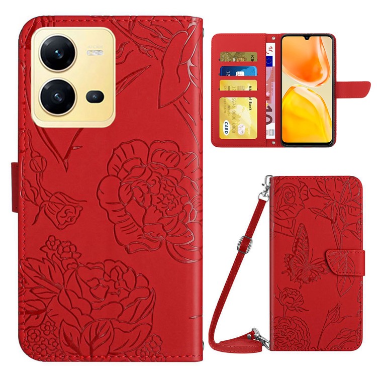 For vivo X80 Lite 5G / V25 5G HT03 Imprinted Butterfly Flowers Wallet Phone Case Skin-Touch PU Leather Shockproof Stand Flip Cover with Shoulder Strap - Red