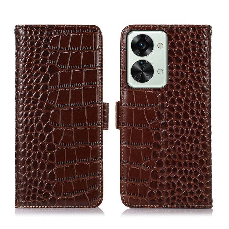 For OnePlus Nord 2T 5G Genuine Cowhide Leather Folio Flip Cover Shell Crocodile Texture RFID Blocking Stand Magnetic Closure Wallet Case - Brown