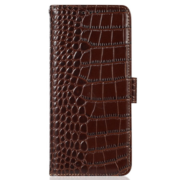 For OnePlus Nord 2T 5G Genuine Cowhide Leather Folio Flip Cover Shell Crocodile Texture RFID Blocking Stand Magnetic Closure Wallet Case - Brown