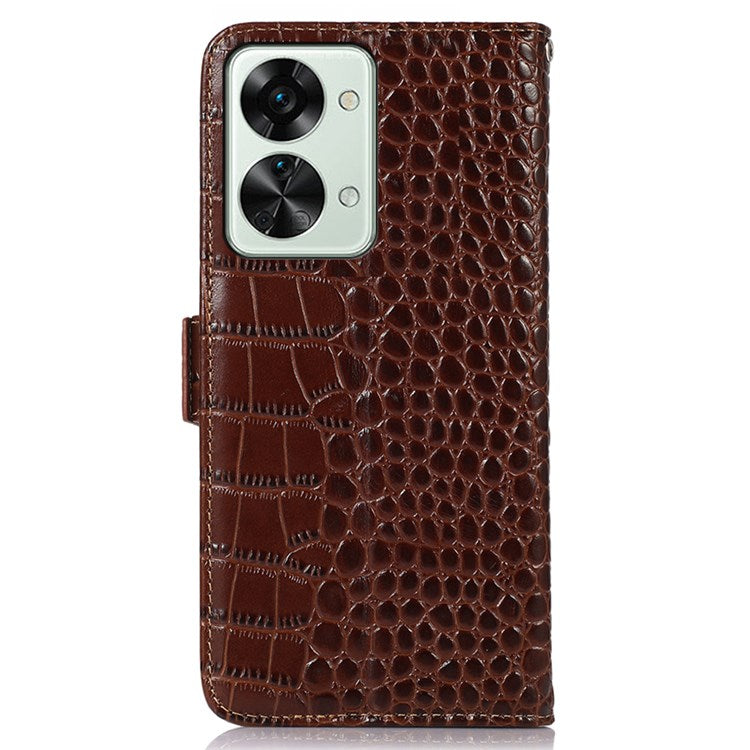 For OnePlus Nord 2T 5G Genuine Cowhide Leather Folio Flip Cover Shell Crocodile Texture RFID Blocking Stand Magnetic Closure Wallet Case - Brown