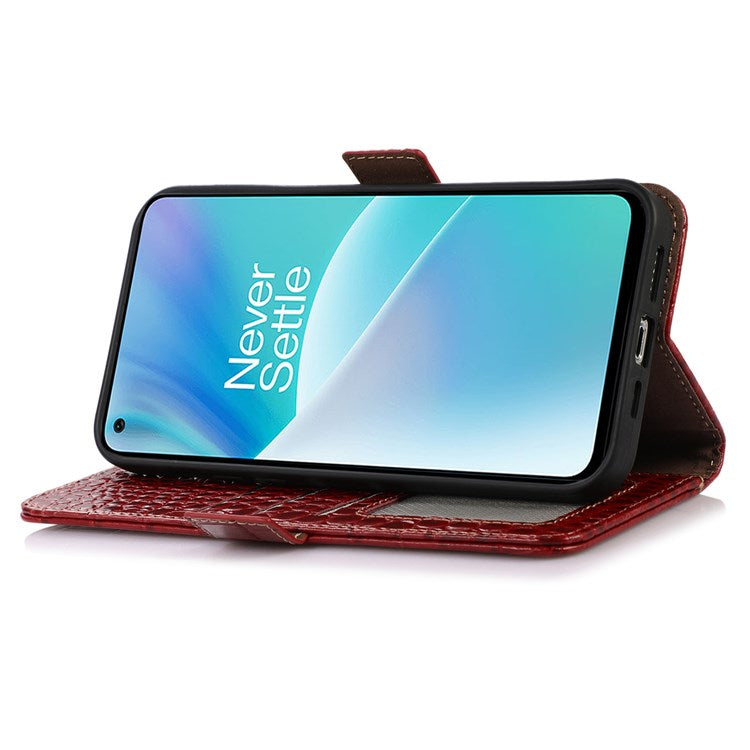 For OnePlus Nord 2T 5G Genuine Cowhide Leather Folio Flip Cover Shell Crocodile Texture RFID Blocking Stand Magnetic Closure Wallet Case - Red