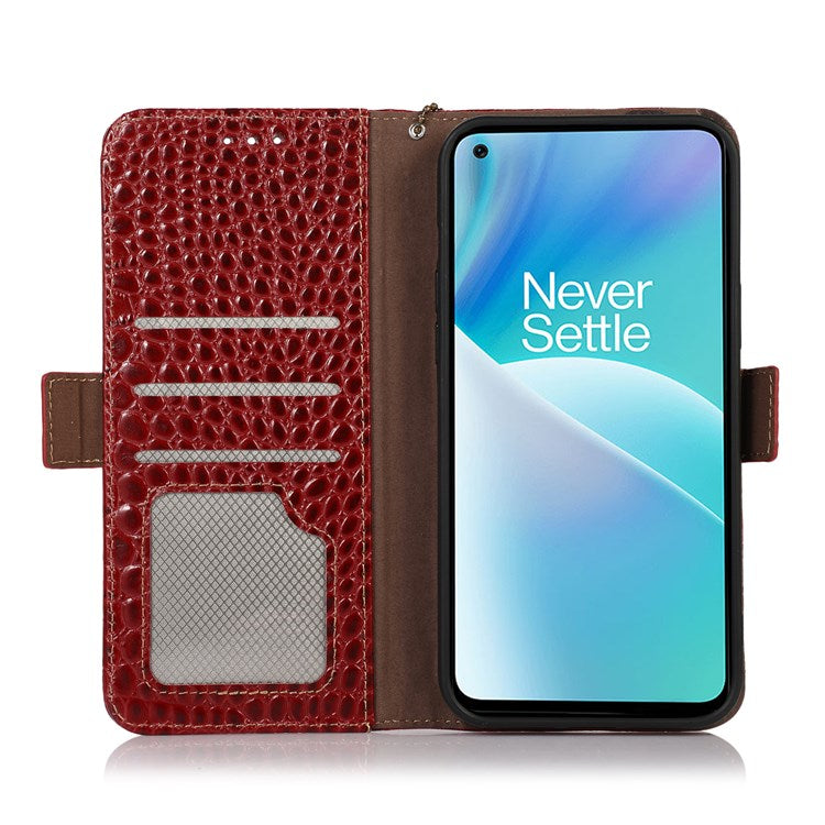 For OnePlus Nord 2T 5G Genuine Cowhide Leather Folio Flip Cover Shell Crocodile Texture RFID Blocking Stand Magnetic Closure Wallet Case - Red