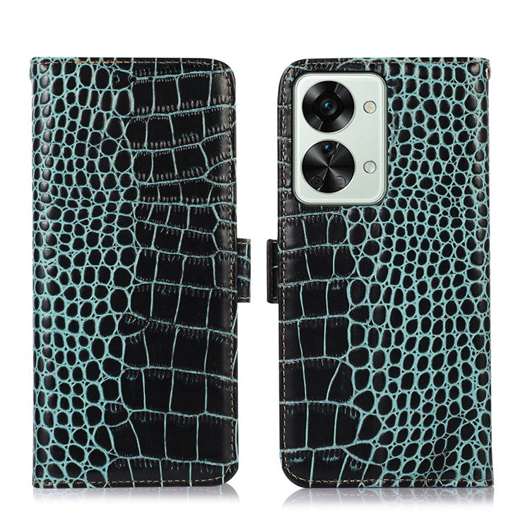 For OnePlus Nord 2T 5G Genuine Cowhide Leather Folio Flip Cover Shell Crocodile Texture RFID Blocking Stand Magnetic Closure Wallet Case - Green