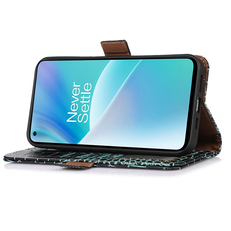 For OnePlus Nord 2T 5G Genuine Cowhide Leather Folio Flip Cover Shell Crocodile Texture RFID Blocking Stand Magnetic Closure Wallet Case - Green