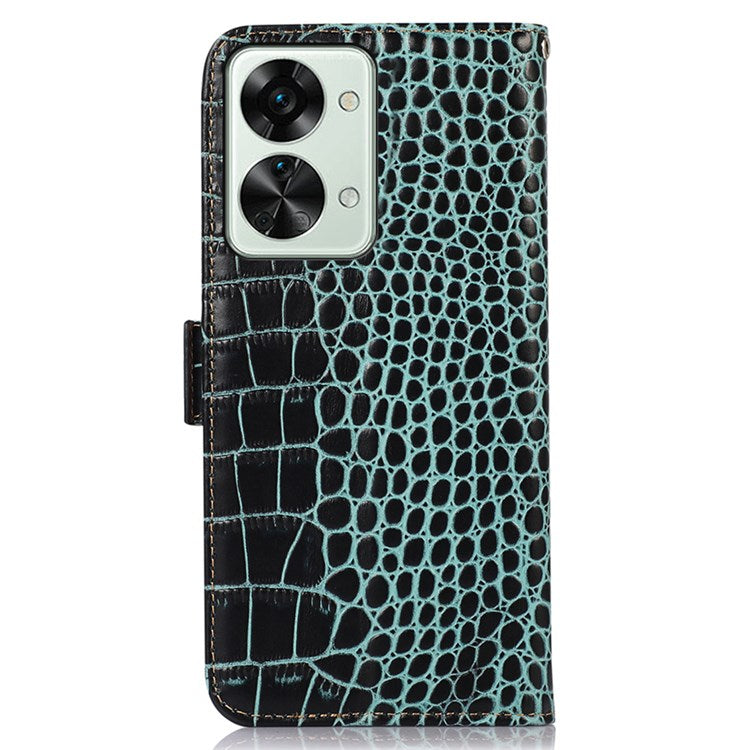 For OnePlus Nord 2T 5G Genuine Cowhide Leather Folio Flip Cover Shell Crocodile Texture RFID Blocking Stand Magnetic Closure Wallet Case - Green