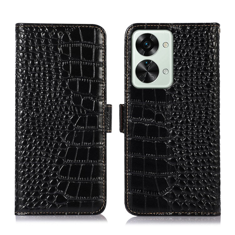For OnePlus Nord 2T 5G Genuine Cowhide Leather Folio Flip Cover Shell Crocodile Texture RFID Blocking Stand Magnetic Closure Wallet Case - Black