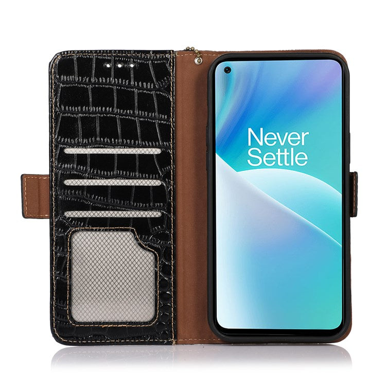 For OnePlus Nord 2T 5G Genuine Cowhide Leather Folio Flip Cover Shell Crocodile Texture RFID Blocking Stand Magnetic Closure Wallet Case - Black