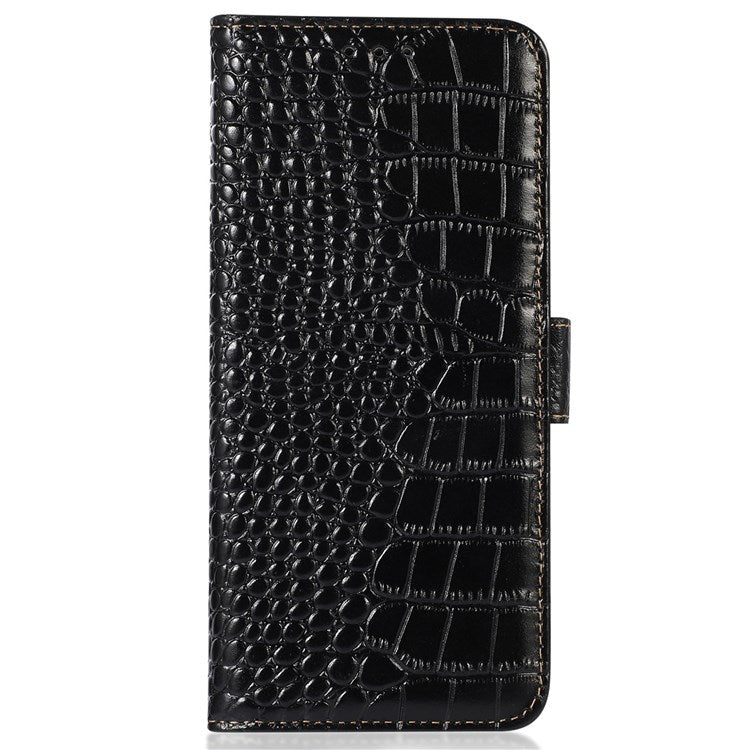For OnePlus Nord 2T 5G Genuine Cowhide Leather Folio Flip Cover Shell Crocodile Texture RFID Blocking Stand Magnetic Closure Wallet Case - Black