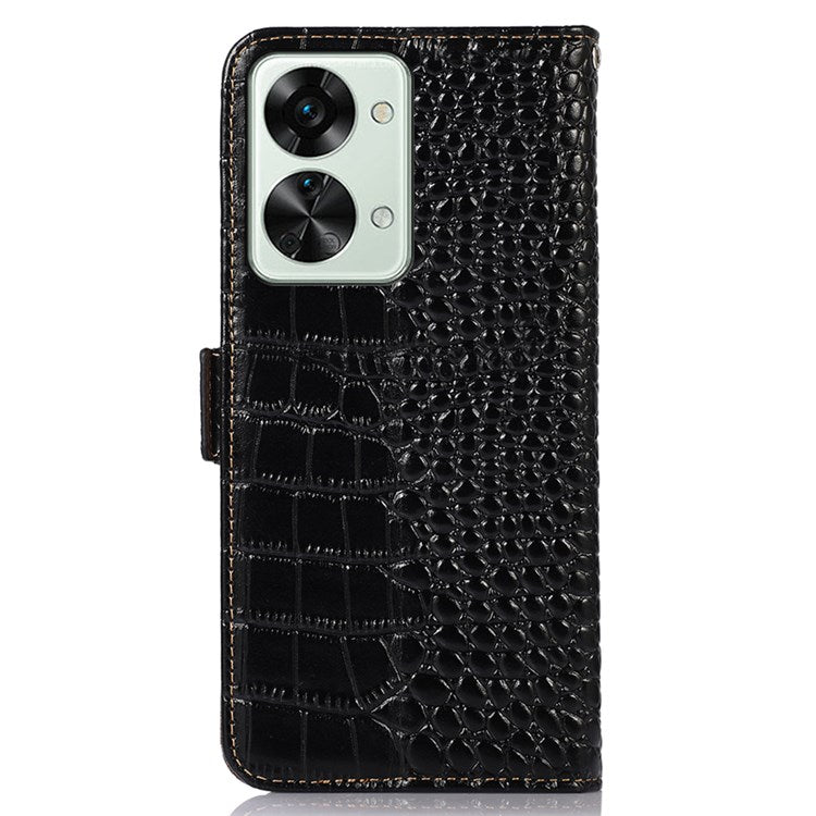 For OnePlus Nord 2T 5G Genuine Cowhide Leather Folio Flip Cover Shell Crocodile Texture RFID Blocking Stand Magnetic Closure Wallet Case - Black