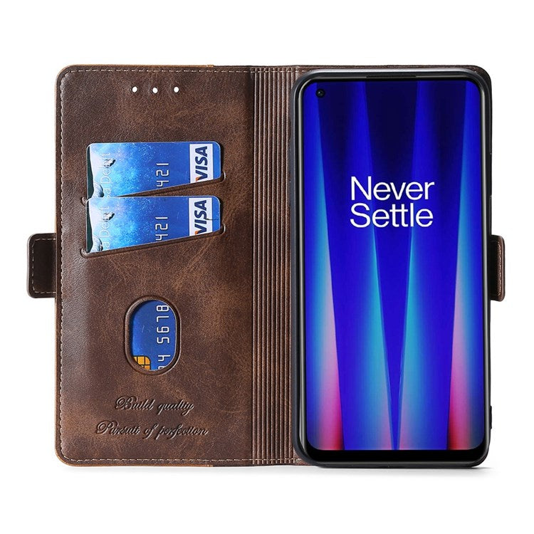 For OnePlus Nord 2T 5G Contrast Color Splicing PU Leather Case Wallet Stand Anti-drop Protection Phone Cover - Dark Brown/Gold