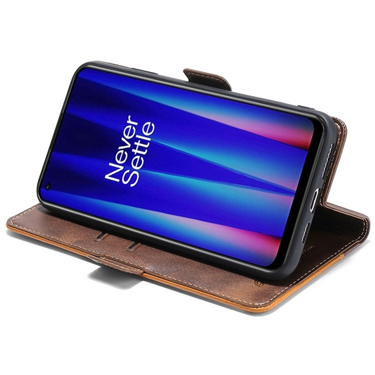 For OnePlus Nord 2T 5G Contrast Color Splicing PU Leather Case Wallet Stand Anti-drop Protection Phone Cover - Dark Brown/Gold