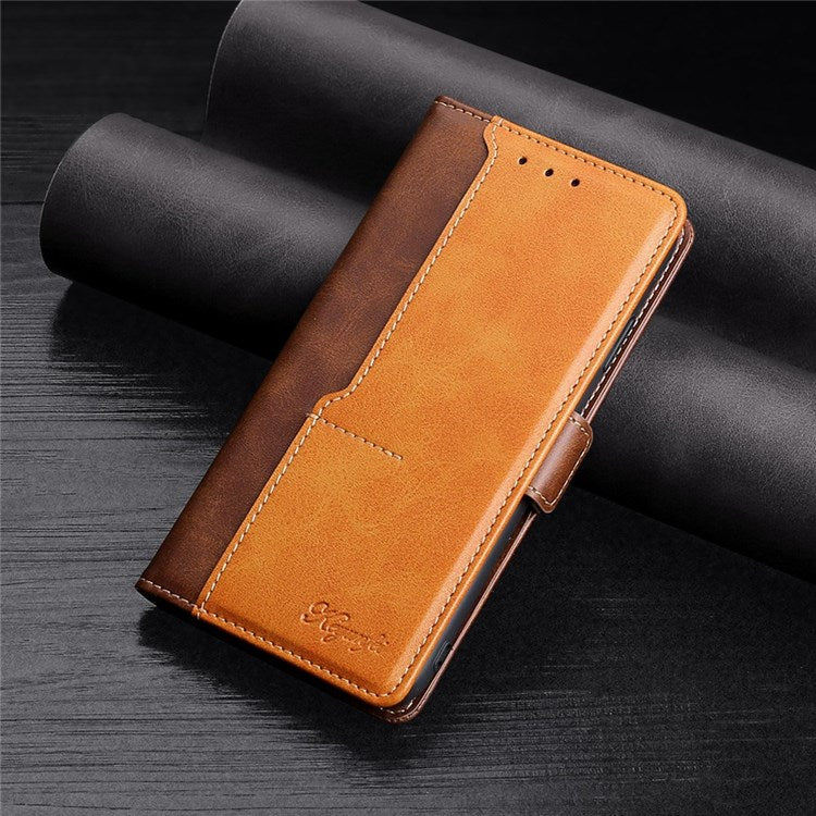 For OnePlus Nord 2T 5G Contrast Color Splicing PU Leather Case Wallet Stand Anti-drop Protection Phone Cover - Dark Brown/Gold