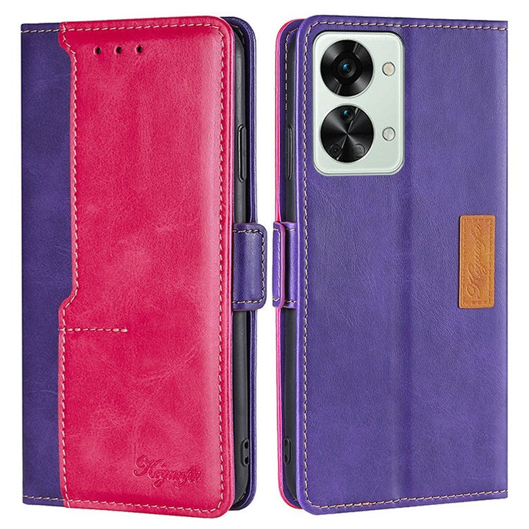 For OnePlus Nord 2T 5G Contrast Color Splicing PU Leather Case Wallet Stand Anti-drop Protection Phone Cover - Purple/Rose