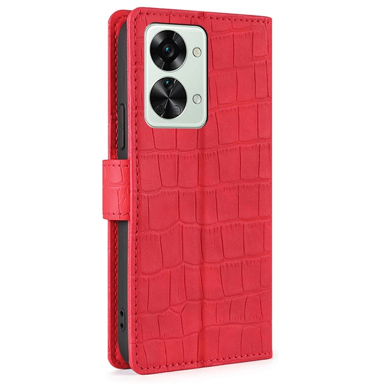 For OnePlus Nord 2T 5G Shockproof Leather Case Stand Wallet Crocodile Texture Skin-touch Feeling Phone Cover - Red