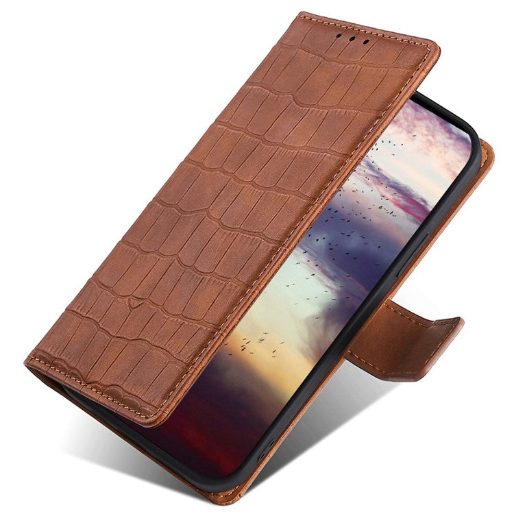For OnePlus Nord 2T 5G Shockproof Leather Case Stand Wallet Crocodile Texture Skin-touch Feeling Phone Cover - Brown
