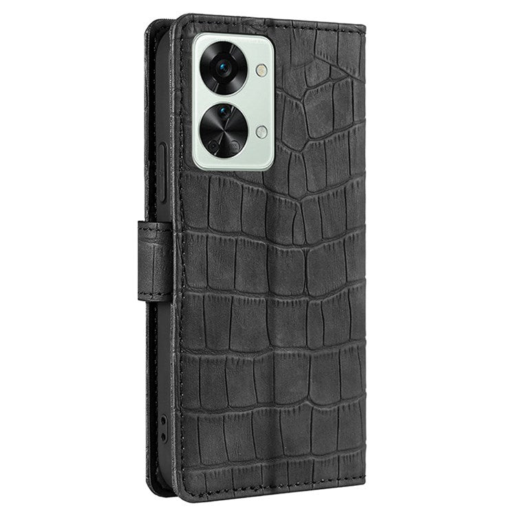 For OnePlus Nord 2T 5G Shockproof Leather Case Stand Wallet Crocodile Texture Skin-touch Feeling Phone Cover - Black