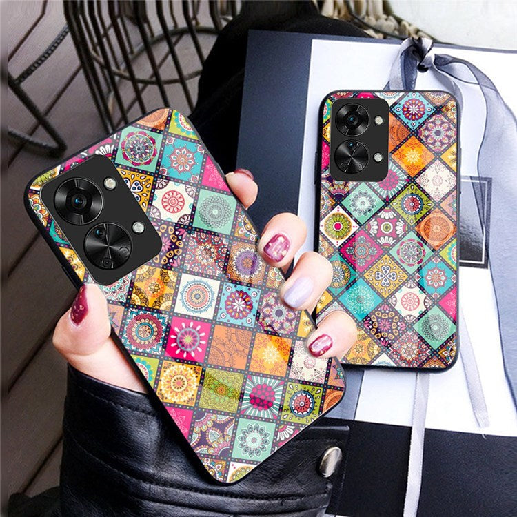For OnePlus Nord 2T 5G Flower Pattern Phone Case Tempered Glass + PC + TPU Kickstand Protective Cover with Lanyard - Checkered Pattern