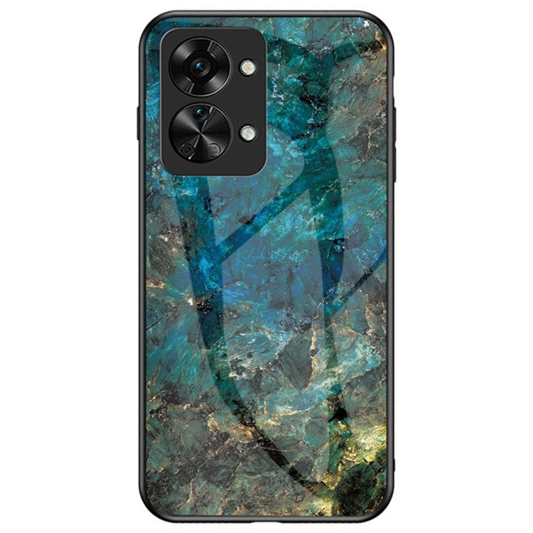 For OnePlus Nord 2T 5G Tempered Glass + PC Back TPU Frame Hybrid Cover Marble Pattern Shockproof Anti-scratch Phone Shell - Emerald Marble