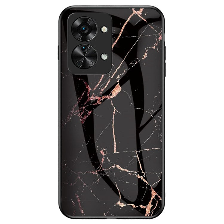 For OnePlus Nord 2T 5G Tempered Glass + PC Back TPU Frame Hybrid Cover Marble Pattern Shockproof Anti-scratch Phone Shell - Gold Black Marble