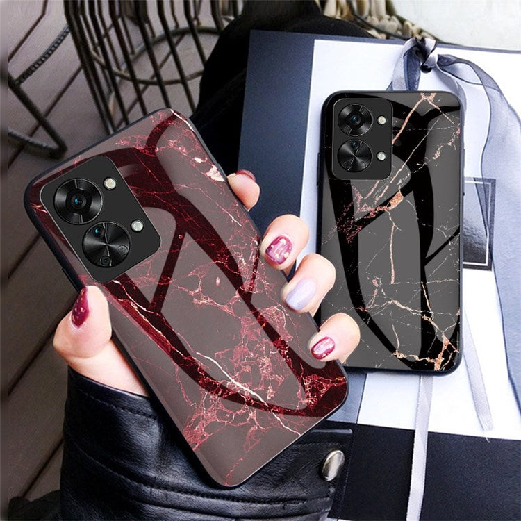 For OnePlus Nord 2T 5G Tempered Glass + PC Back TPU Frame Hybrid Cover Marble Pattern Shockproof Anti-scratch Phone Shell - Gold Black Marble